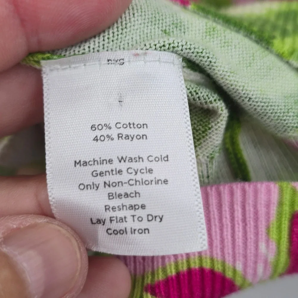 Talbots Cardigan Womens M Green Pink Floral Cotton Blend V-Neck 3/4 Sleeve